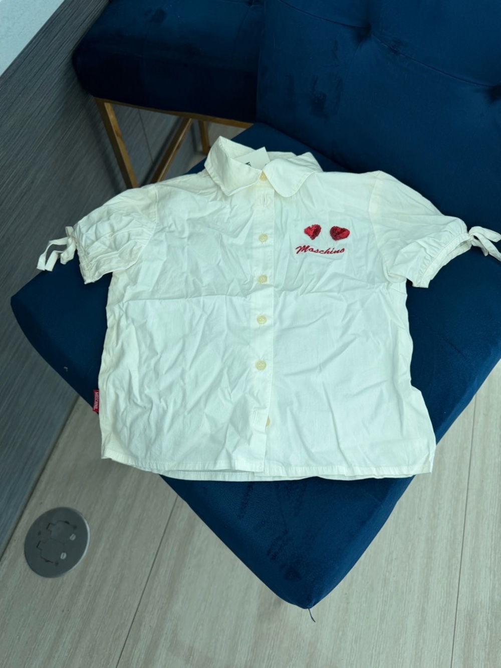 Moschino White Short-Sleeve Button Shirt with Red Heart Embroidery
